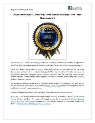 Arcana Windows & Doors Wins 2024 Three Best Rated® Award for Top Window Company