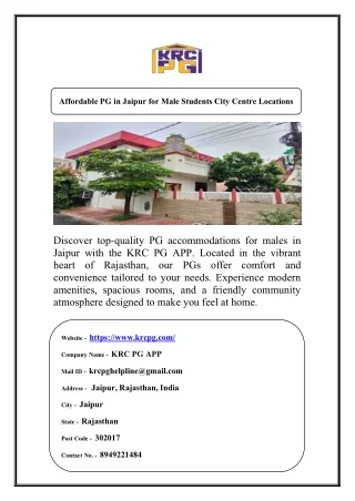 Affordable PG in Jaipur for Male Students City Centre Locations