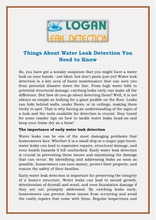 Things About Water Leak Detection You Need to Know