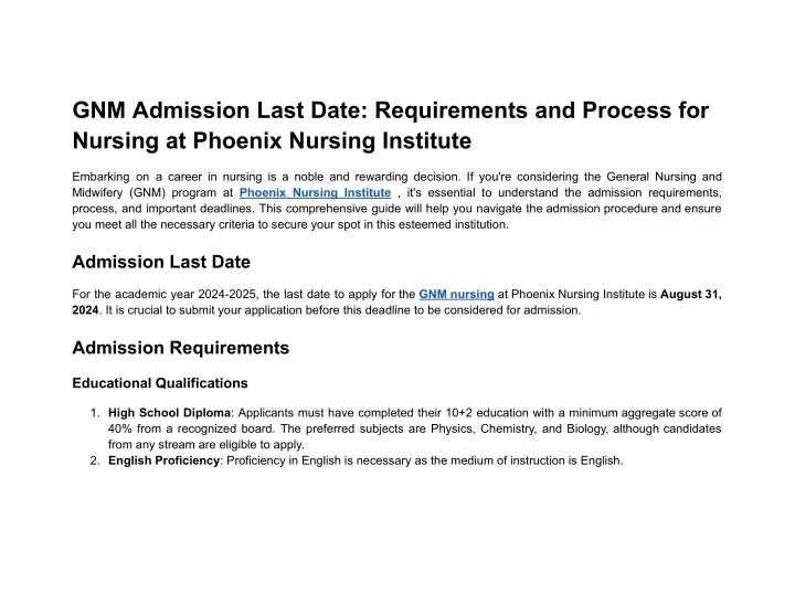 gnm admission last date requirements and process