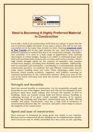 Steel Is Becoming A Highly Preferred Material In Construction