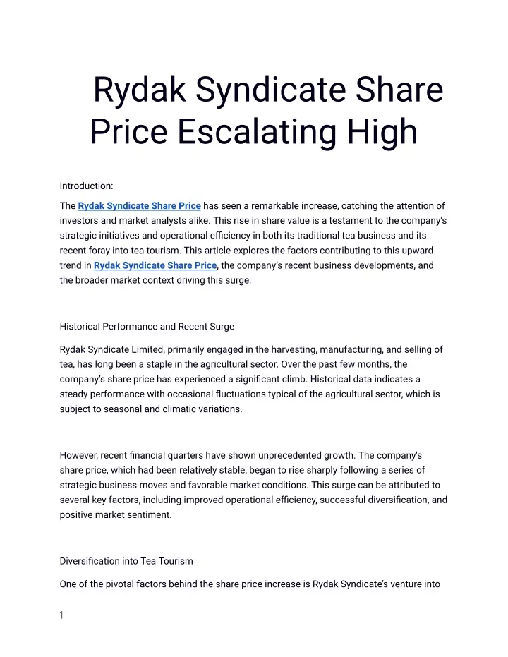 rydak syndicate share price escalating high