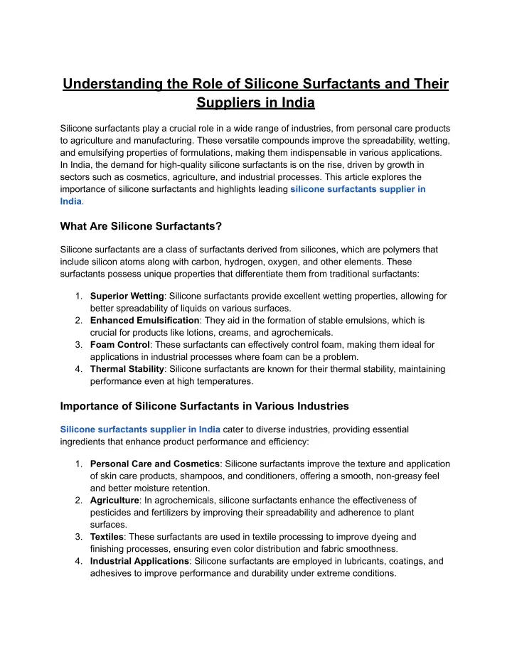 Ppt Understanding The Role Of Silicone Surfactants And Their Suppliers In India Powerpoint