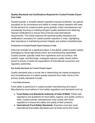 Quality Standards and Certifications Required for Custard Powder Export from India
