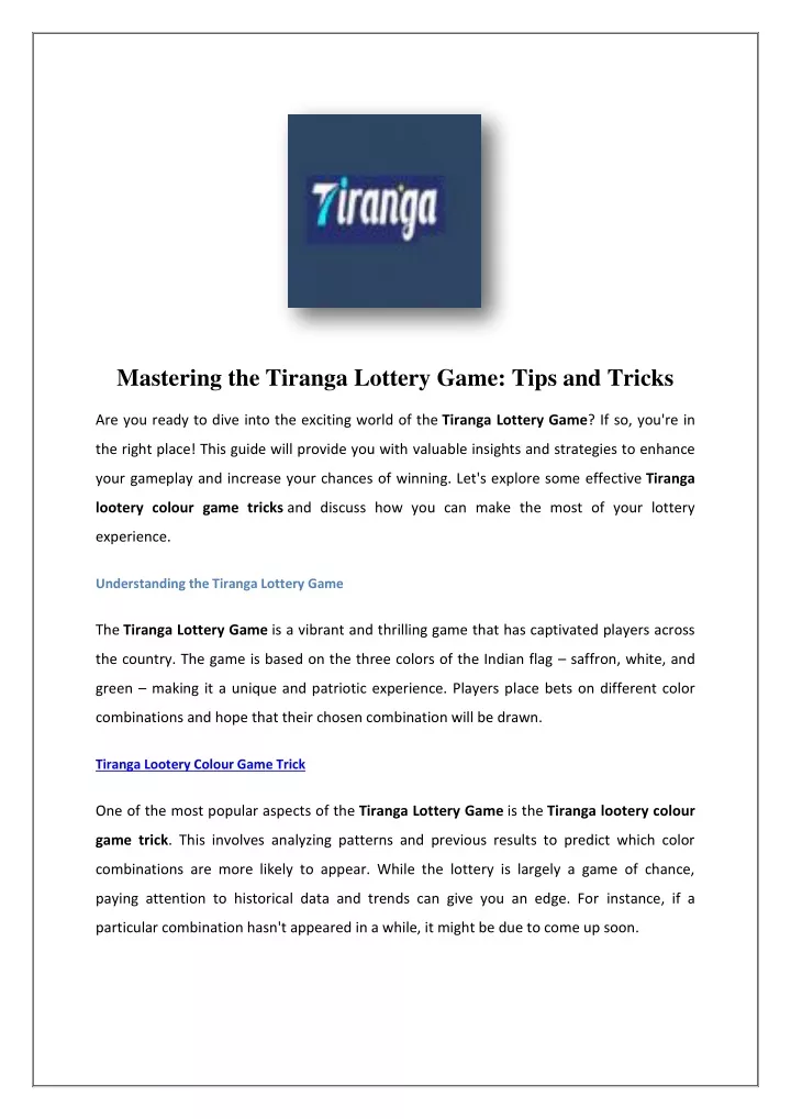 mastering the tiranga lottery game tips and tricks