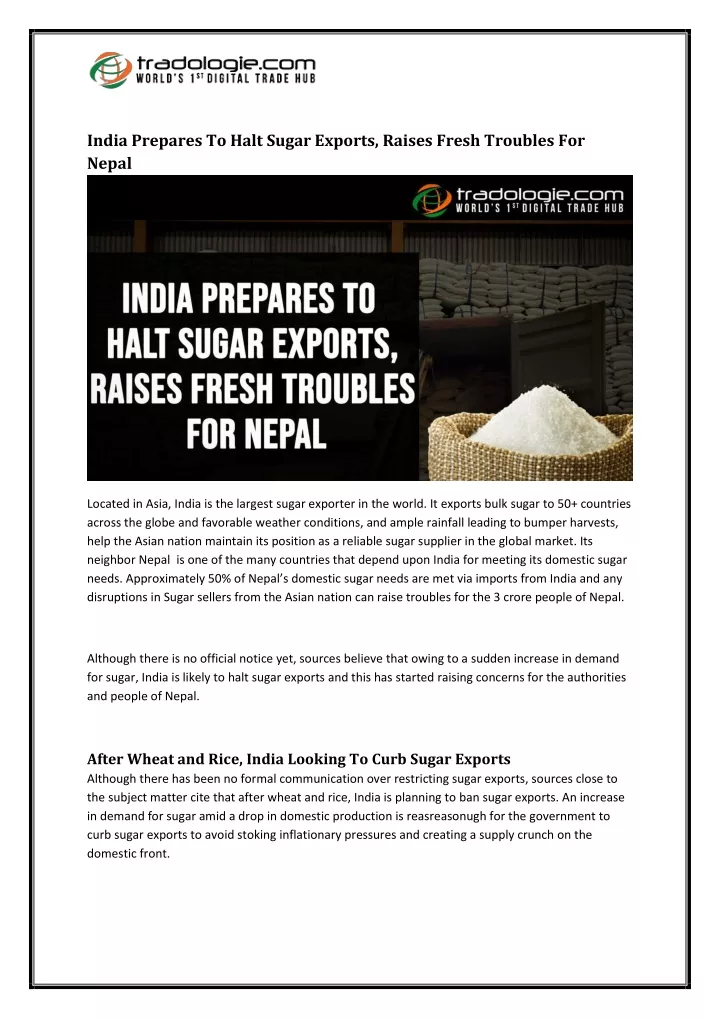 india prepares to halt sugar exports raises fresh