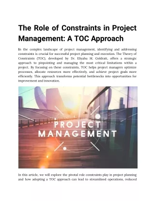 The Role of Constraints in Project Management,  A TOC Approach