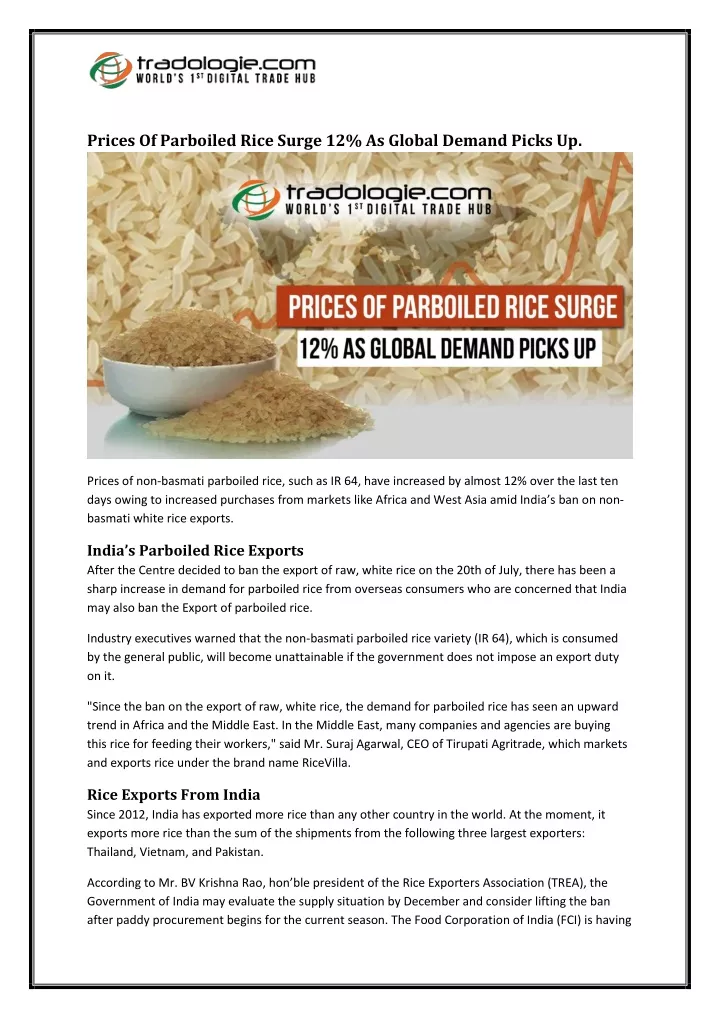 prices of parboiled rice surge 12 as global