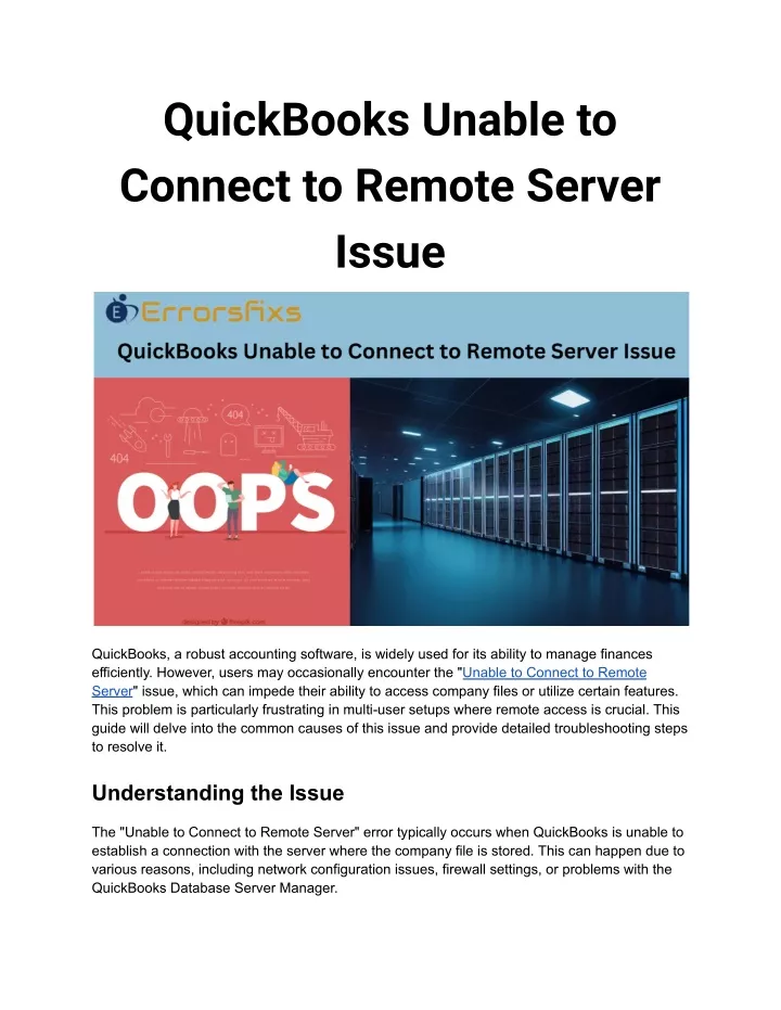 quickbooks unable to connect to remote server