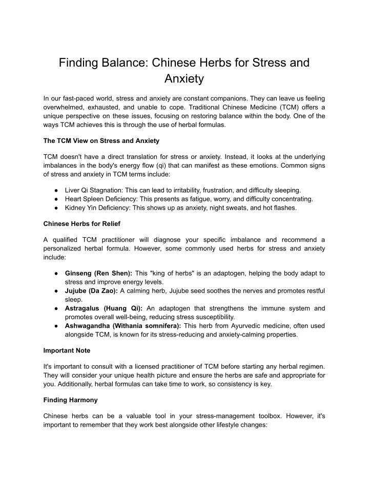 Ppt - Finding Balance  Chinese Herbs For Stress And Anxiety Pen Spark 