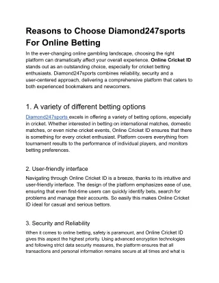 Reasons to Choose Diamond247sports For Online Betting