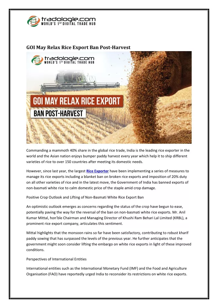 goi may relax rice export ban post harvest