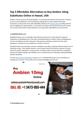 Top 3 Affordable Alternatives to Buy Ambien 10mg Substitutes Online in Hawaiis,USA