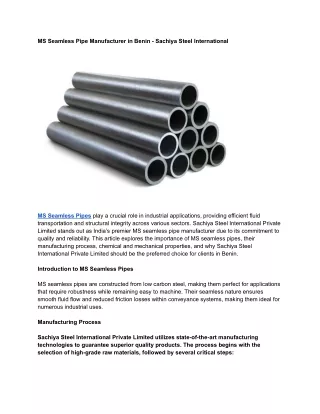 MS Seamless Pipe Manufacturer in Benin - Sachiya Steel International