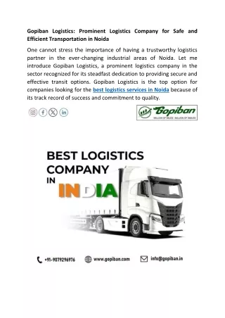 Gopiban Logistics Prominent Logistics Company for Safe and Efficient Transportation in Noida