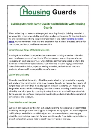 Building Materials Barrie Quality and Reliability with Housing Guards