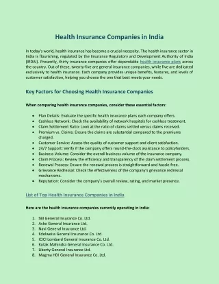 Health Insurance Companies in India