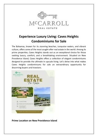 Experience Luxury Living: Caves Heights  Condominiums for Sale