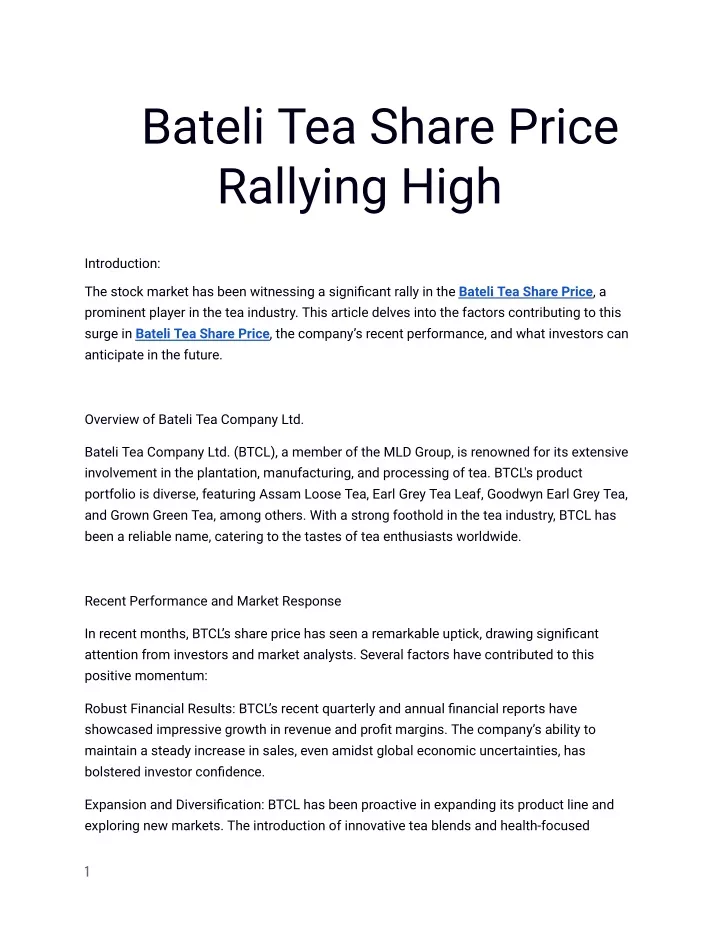 bateli tea share price rallying high