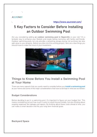 5 Key Factors to Consider Before Installing an Outdoor Swimming Pool