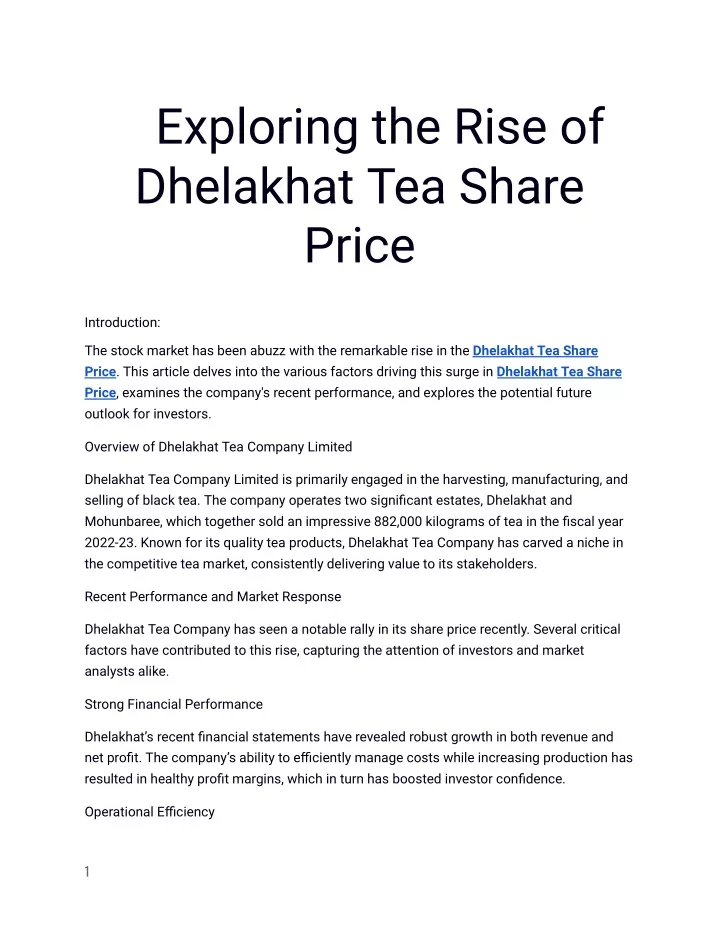 exploring the rise of dhelakhat tea share price