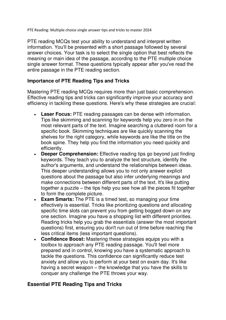 pte reading multiple choice single answer tips