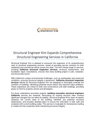 Structural Engineer Kim Expands Comprehensive Structural Engineering Services in California