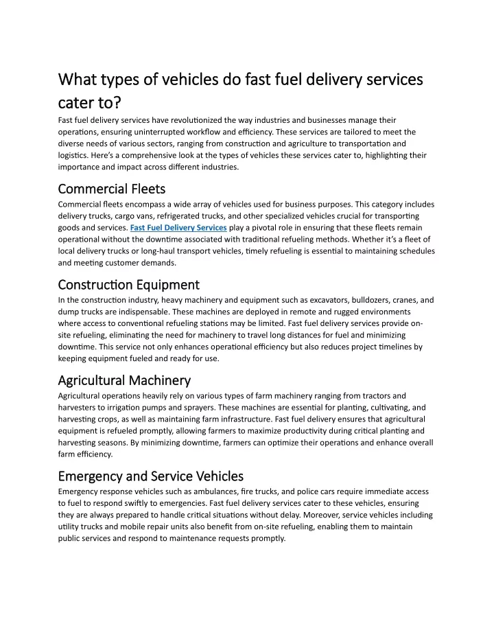 what types of vehicles do fast fuel delivery