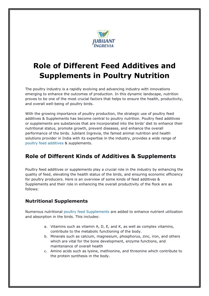 role of different feed additives and supplements