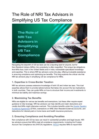 The Role of NRI Tax Advisors in Simplifying US Tax Compliance