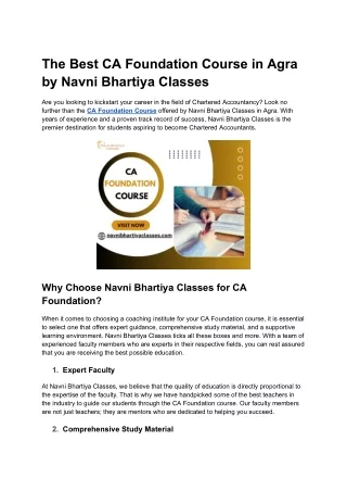 The Best CA Foundation Course in Agra by Navni Bhartiya Classes