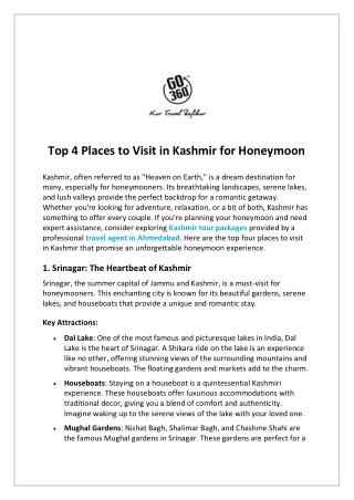 Top 4 Places to Visit in Kashmir for Honeymoon