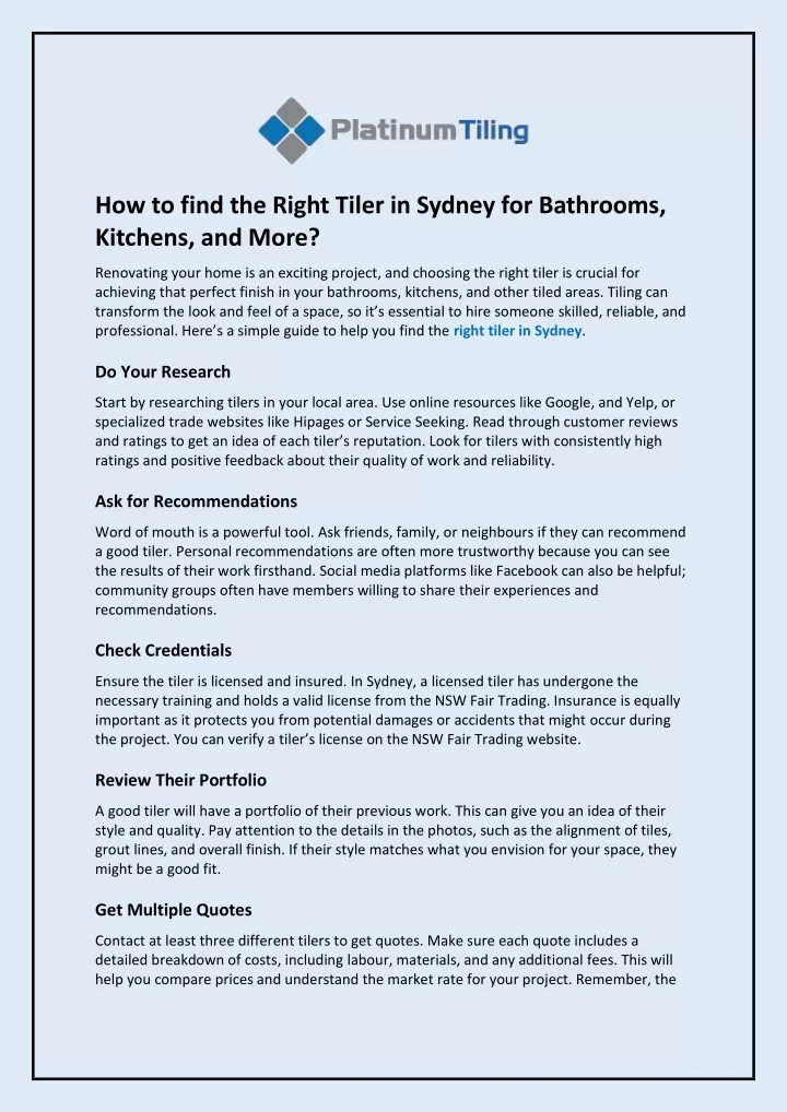 how to find the right tiler in sydney