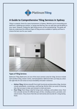 A Guide to Comprehensive Tiling Services in Sydney
