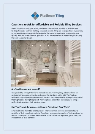 Questions to Ask for Affordable and Reliable Tiling Services