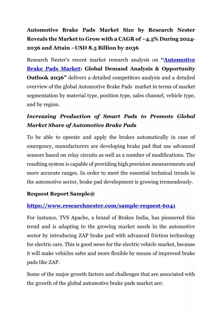 automotive brake pads market size by research