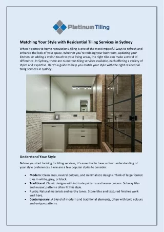 Matching Your Style with Residential Tiling Services in Sydney