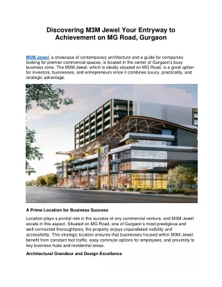 Discovering M3M Jewel Your Entryway to Achievement on MG Road, Gurgaon