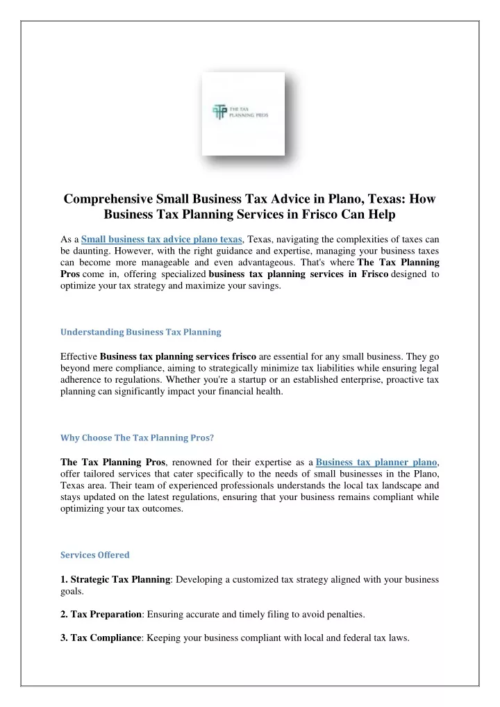 comprehensive small business tax advice in plano