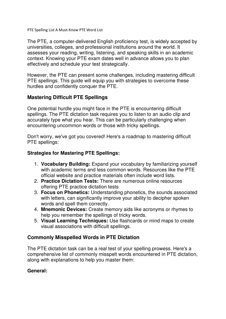 PPT - PTE Spelling List A Must-Know PTE Word List PowerPoint ...