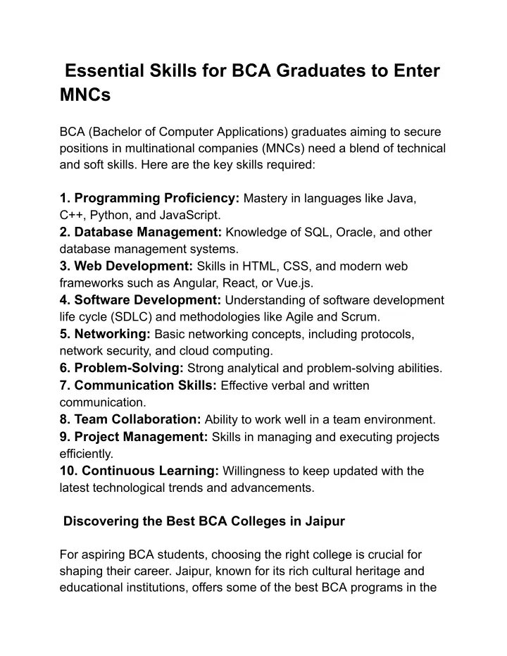 essential skills for bca graduates to enter mncs