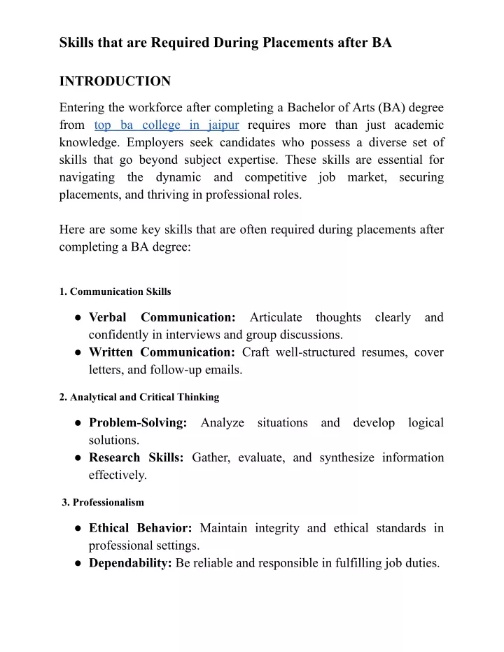 skills that are required during placements after