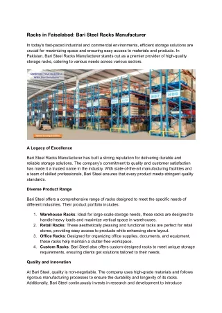Racks in Faisalabad | Bari Engineering Steel Racks Manufacturer