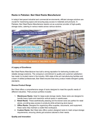 Racks In Pakistan | Bari Steel Racks Manufacturer | Bari Engineering