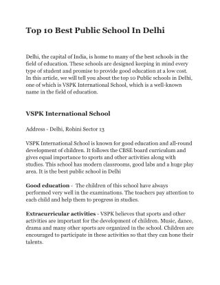 Top 10 Best Public School In Delhi