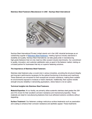 Stainless Steel Fasteners Manufacturer in UAE - Sachiya Steel International