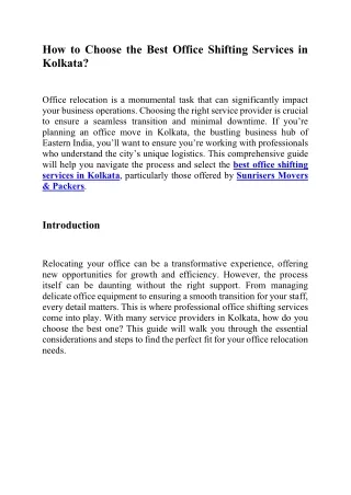 How to Choose the Best Office Shifting Services in Kolkata