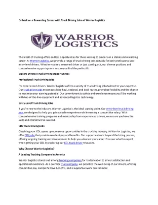 Embark on a Rewarding Career with Truck Driving Jobs at Warrior Logistics