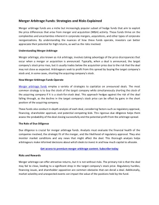 merger arbitrage funds strategies and risks