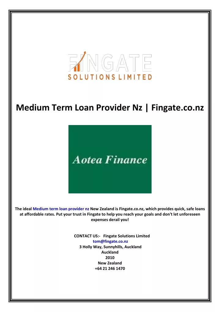 medium term loan provider nz fingate co nz